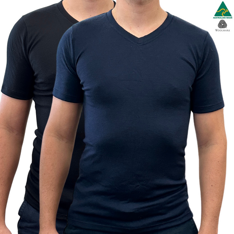 Mens 100% Pure Merino Wool V-Neck Short Sleeve Top T Shirt Thermal Underwear - Black