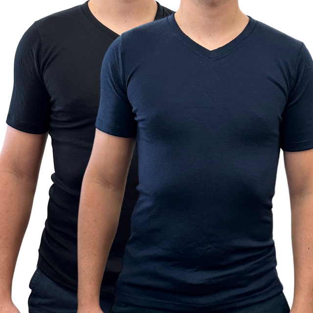 Mens 100% Pure Merino Wool V-Neck Short Sleeve Top T Shirt Thermal Underwear - Black