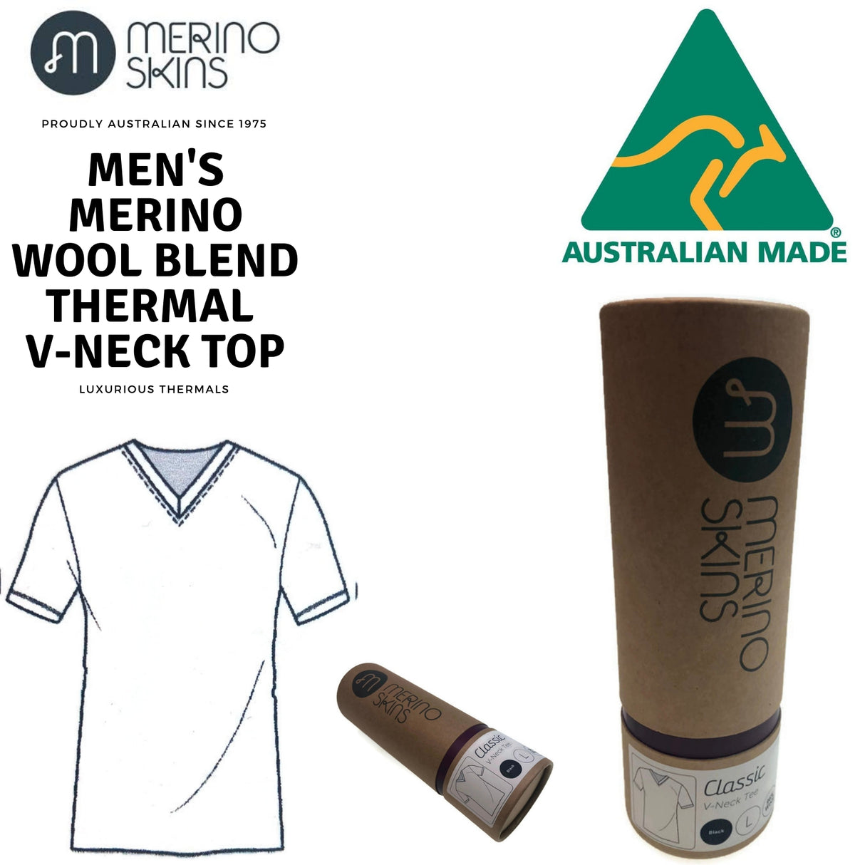 MERINO SKINS Mens Classic V-Neck Tee Wool Thermal T-Shirt Short Sleeve - Black - L (101cm Chest)