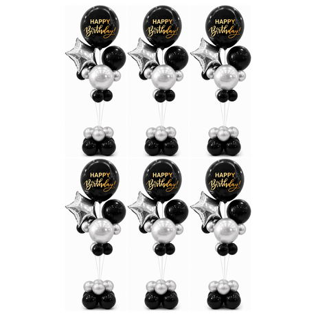 6x 165cm Birthday Balloon Stand Decoration Kit (21-Pieces) in Silver/Black (Bulk Pack)