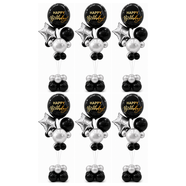 6x 165cm Birthday Balloon Stand Decoration Kit (21-Pieces) in Silver/Black (Bulk Pack)