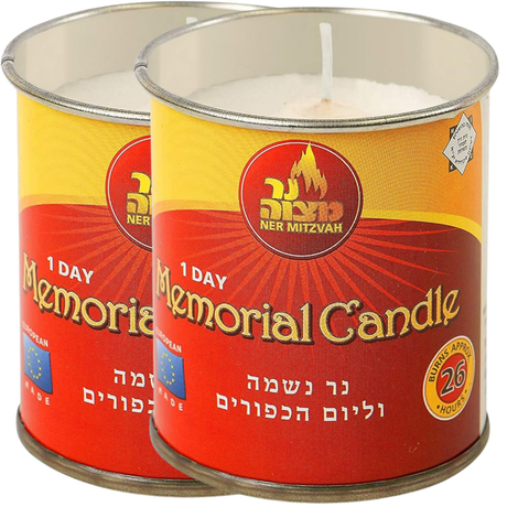 2x Ner Mitzvah 1 Day Memorial Candle in Tin Jar Jewish Yartzeit - Made in Europe