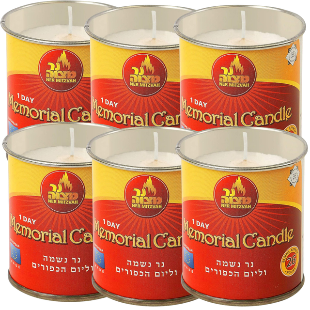 6x Ner Mitzvah 1 Day Memorial Candle in Tin Jar Jewish Yartzeit - Made in Europe