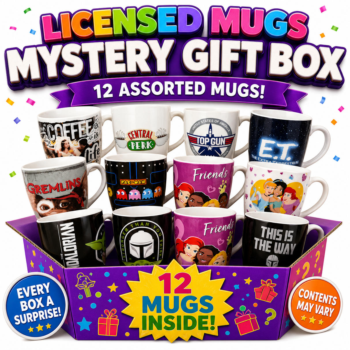 Licensed Mug Mystery Gift Box (Ceramic Coffee/Tea Mugs) - 12 Assorted Licensed Designs!