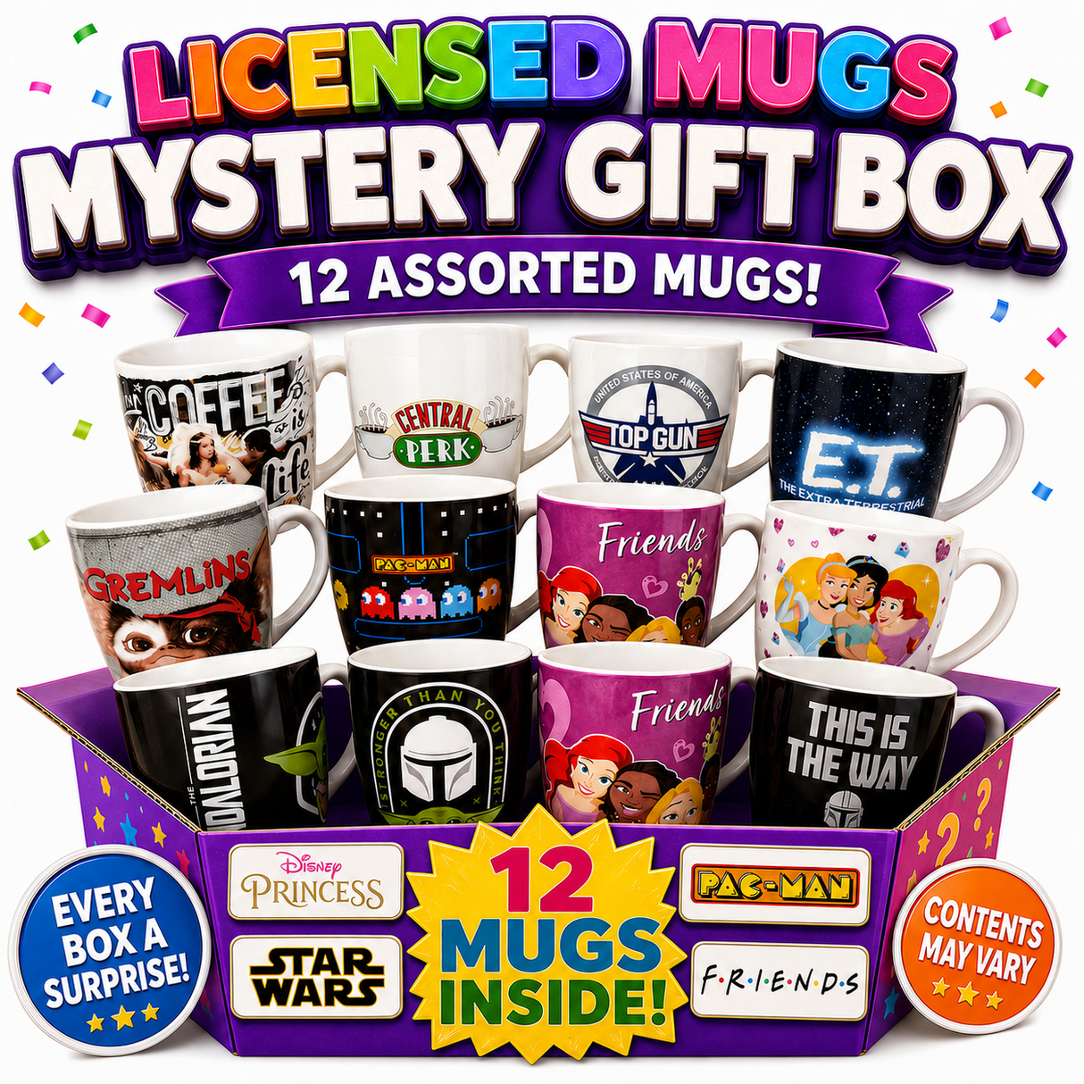 Licensed Mug Mystery Gift Box (Ceramic Coffee/Tea Mugs) - 12 Assorted Licensed Designs!