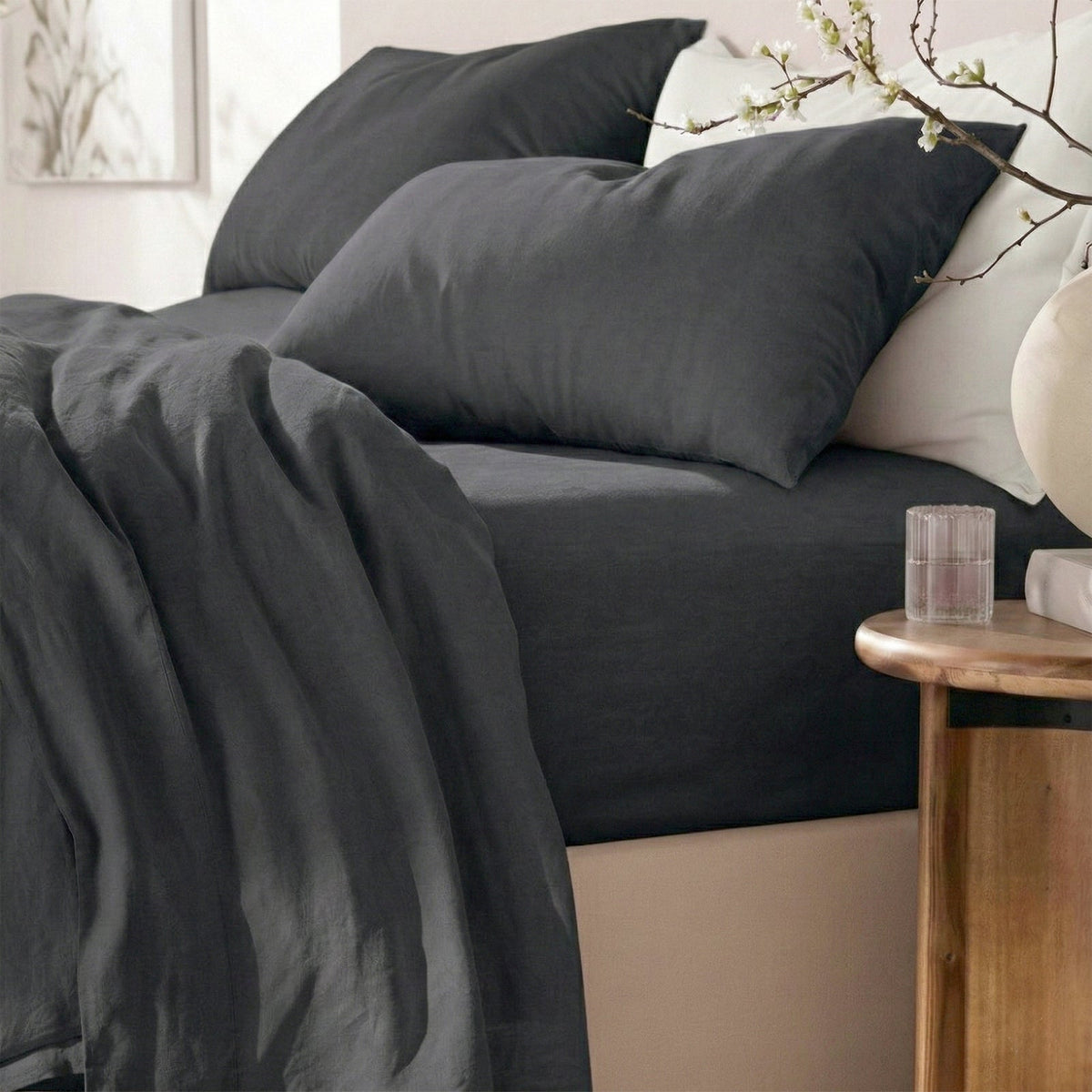 Renee Taylor Washed Linen Cotton Bed Sheet Set - Magnet