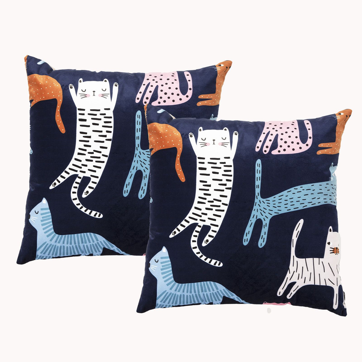 2x Renee Taylor Printed Poly Velvet Cushion - Misty Cat (Square Decorative Throw Pillow Twin Pack - 50 x 50cm)