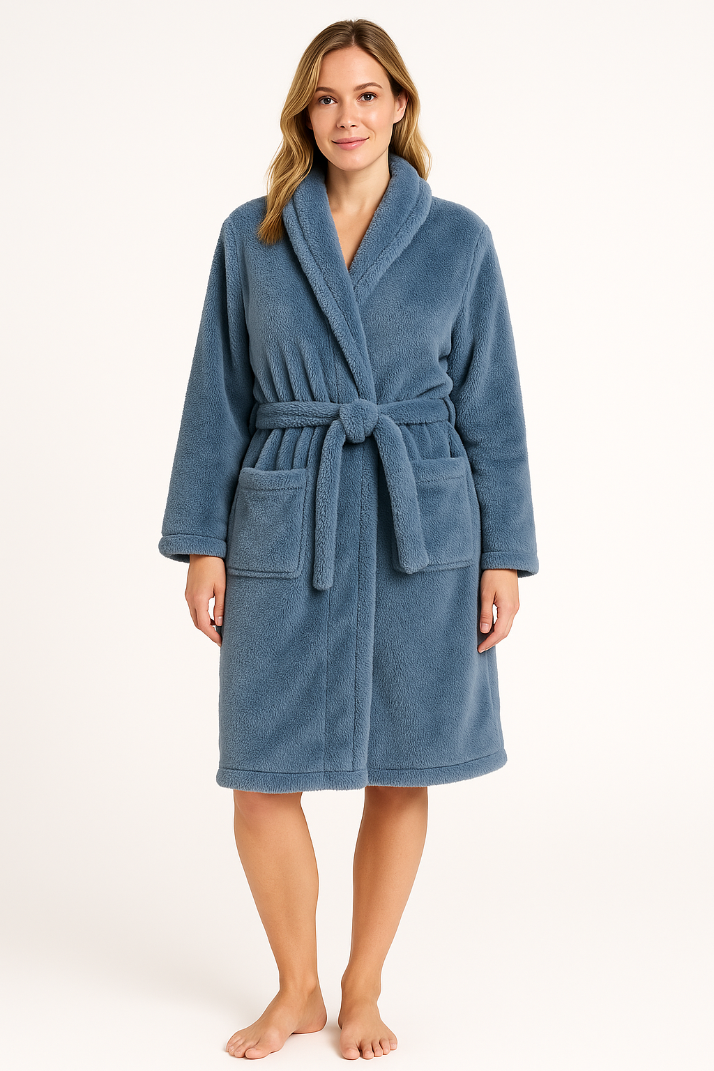 Womens Plush Coral Fleece Dressing Gown Bath Robe Soft Warm in Blue
