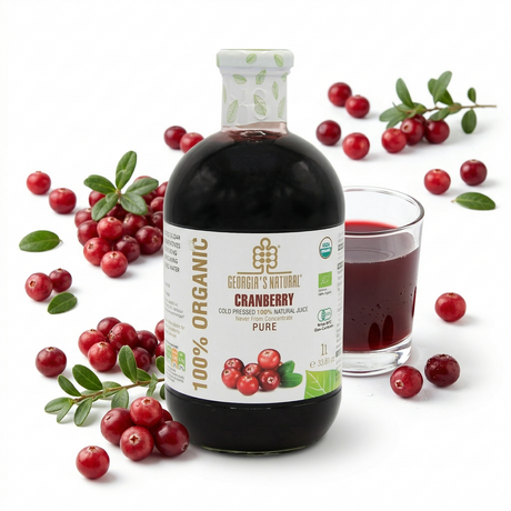 1L Cold Pressed 100% Organic Cranberry Juice in Glass Bottle - Product of Georgia