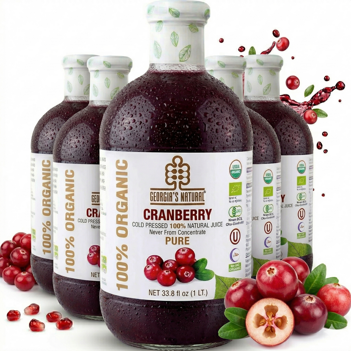 6x 1L Cold Pressed 100% Organic Cranberry Juice in Glass Bottle - Product of Georgia