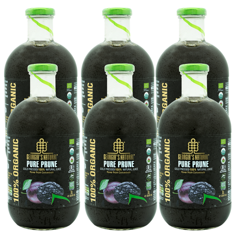6x 1L Cold Pressed 100% Organic Prune Juice Bulk Pack - Glass Bottle (Product of Georgia)