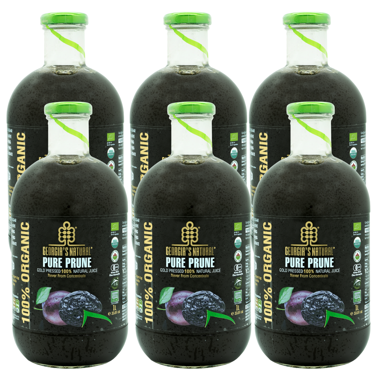 6x 1L Cold Pressed 100% Organic Prune Juice Bulk Pack - Glass Bottle (Product of Georgia)