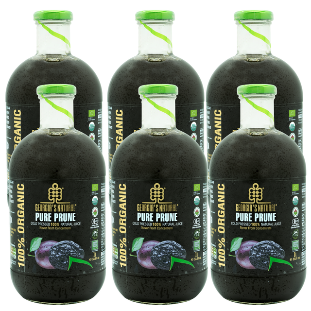 6x 1L Cold Pressed 100% Organic Prune Juice Bulk Pack - Glass Bottle (Product of Georgia)