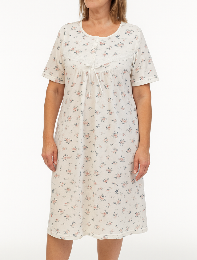Womens Cotton Plus Size Short Sleeve Nightie - White/Pink (Big & Tall Ladies Pyjamas/Nightgown/PJs)