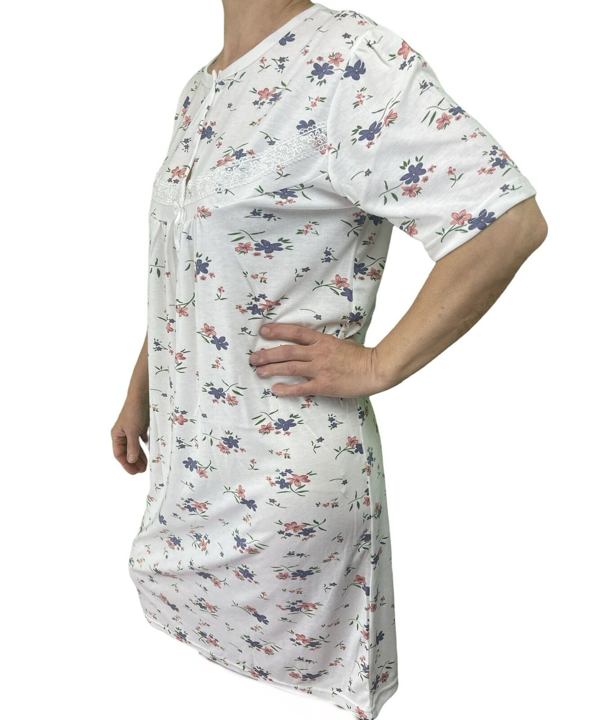 Womens Cotton Short Sleeve Nightie - White/Pink (Ladies Pyjamas/Nightgown/PJs)