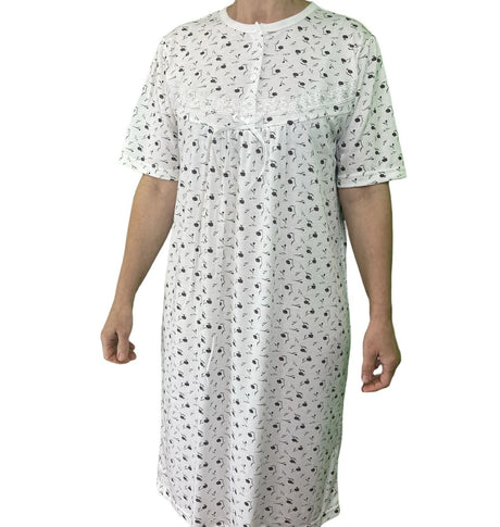 Womens Cotton Short Sleeve Nightie - White/Purple (Ladies Pyjamas/Nightgown/PJs)