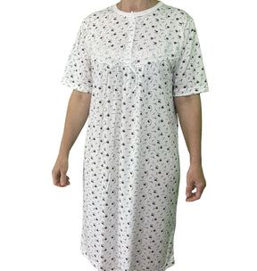 Womens Cotton Short Sleeve Nightie - White/Purple (Ladies Pyjamas/Nightgown/PJs)