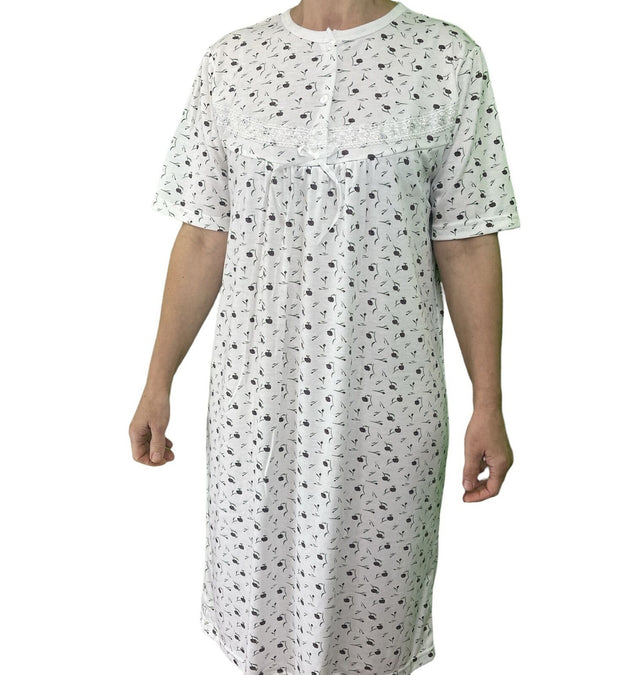 Womens Cotton Short Sleeve Nightie - White/Purple (Ladies Pyjamas/Nightgown/PJs)
