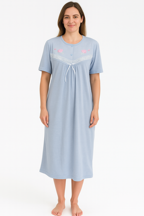Womens Cotton Blend Short Sleeve Nightie - Blue (Pyjamas/Nightgown/PJs)