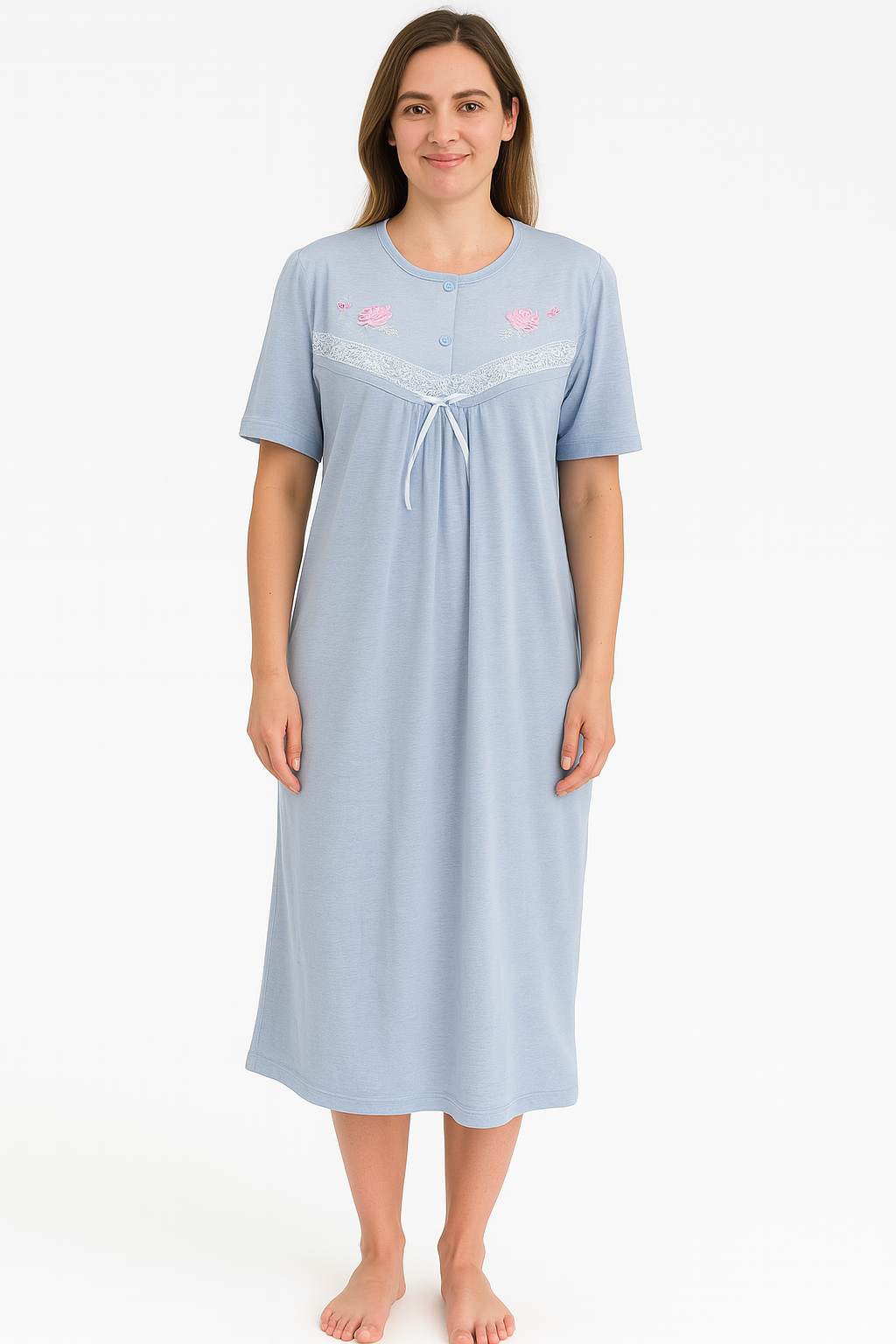 Womens Ladies Cotton Blend Nightie Night Gown Pajamas Pyjamas Sleepwear PJ in Blue 