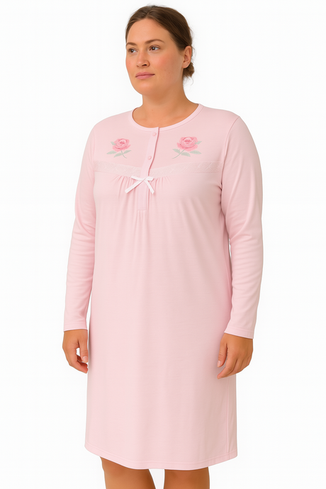 Womens Cotton Plus Size Long Sleeve Nightie - Pink (Big & Tall Ladies Pyjamas/Nightgown/PJs)
