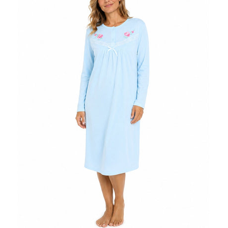 Womens Cotton Long Sleeve Nightie - Blue (Ladies Pyjamas/Nightgown/PJs)