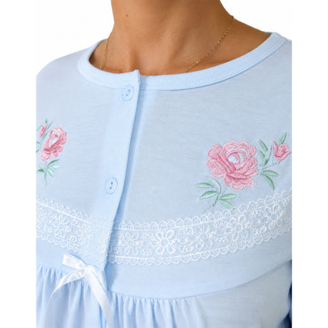 Womens Cotton Long Sleeve Nightie - Blue (Ladies Pyjamas/Nightgown/PJs)