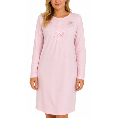 Womens Cotton Long Sleeve Nightie - Pink (Ladies Pyjamas/Nightgown/PJs)
