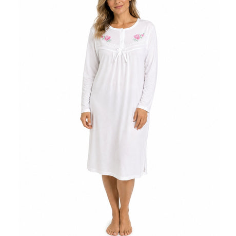 Womens Cotton Long Sleeve Nightie - White (Ladies Pyjamas/Nightgown/PJs)