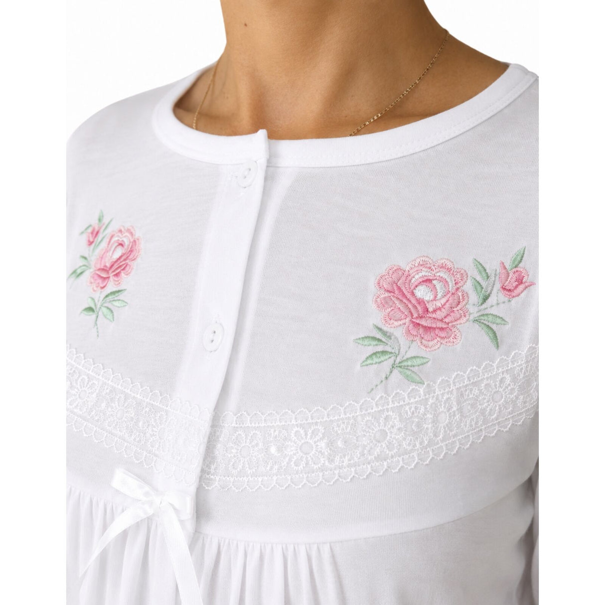 Womens Cotton Long Sleeve Nightie - White (Ladies Pyjamas/Nightgown/PJs)