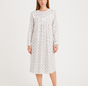 Womens Cotton Long Sleeve Nightie Gown Pyjamas Sleepwear PJ in White/Purple