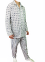 Mens 100% Cotton Pyjamas Set -  White/Blue - Long Sleeve Top & Pants Sleepwear (PJs)