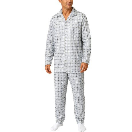 Mens 100% Cotton Pyjamas Set -  White/Blue - Long Sleeve Top & Pants Sleepwear (PJs)