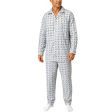 Mens 100% Cotton Pyjamas Set -  White/Blue - Long Sleeve Top & Pants Sleepwear (PJs)