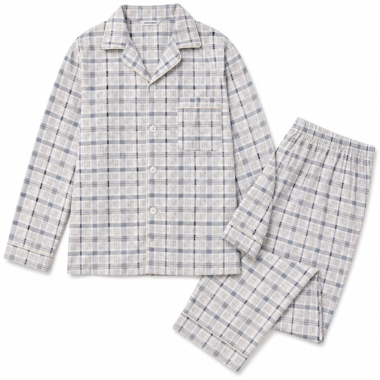 Mens 100% Cotton Pyjamas Set -  White/Blue - Long Sleeve Top & Pants Sleepwear (PJs)