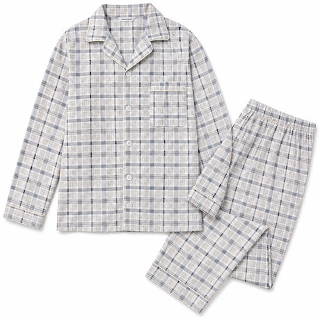 Mens 100% Cotton Pyjamas Set -  White/Blue - Long Sleeve Top & Pants Sleepwear (PJs)