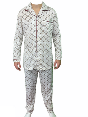Mens 100% Cotton Pyjamas Set -  White/Brown - Long Sleeve Top & Pants Sleepwear (PJs)