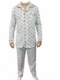 Mens 100% Cotton Pyjamas Set -  White/Brown - Long Sleeve Top & Pants Sleepwear (PJs)