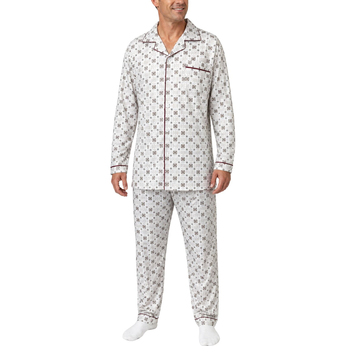 Mens 100% Cotton Pyjamas Set -  White/Brown - Long Sleeve Top & Pants Sleepwear (PJs)