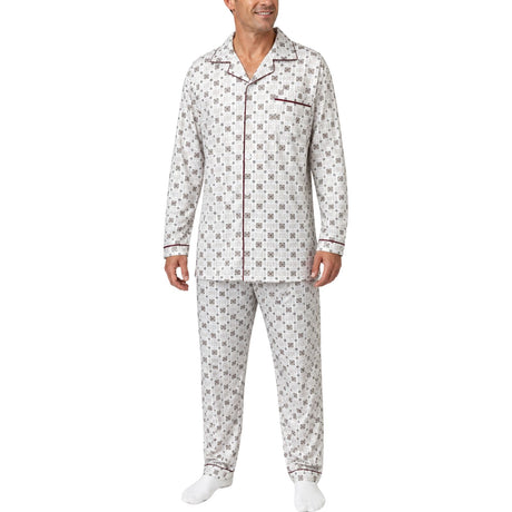 Mens 100% Cotton Pyjamas Set -  White/Brown - Long Sleeve Top & Pants Sleepwear (PJs)