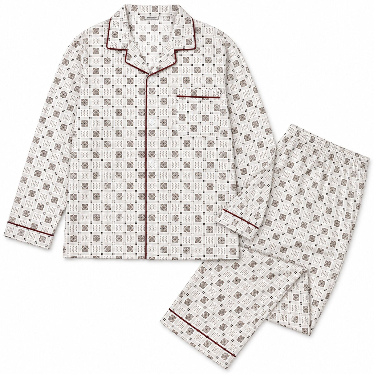 Mens 100% Cotton Pyjamas Set -  White/Brown - Long Sleeve Top & Pants Sleepwear (PJs)