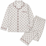 Mens 100% Cotton Pyjamas Set -  White/Brown - Long Sleeve Top & Pants Sleepwear (PJs)
