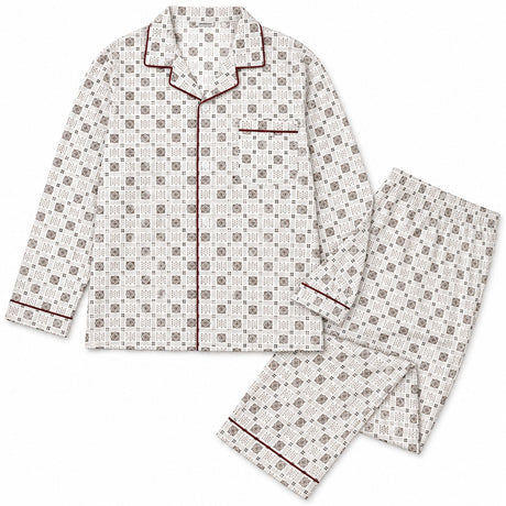 Mens 100% Cotton Pyjamas Set -  White/Brown - Long Sleeve Top & Pants Sleepwear (PJs)