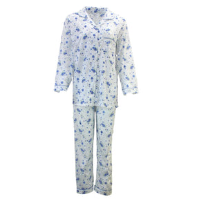 Womens 100% Cotton Pyjamas Set - Blue Floral - Long Sleeve Top & Pants Sleepwear (PJs)