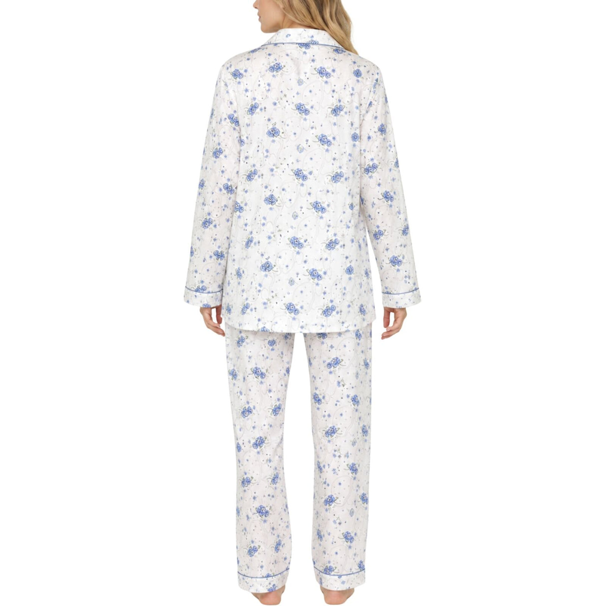 Womens 100% Cotton Pyjamas Set - Blue Floral - Long Sleeve Top & Pants Sleepwear (PJs)