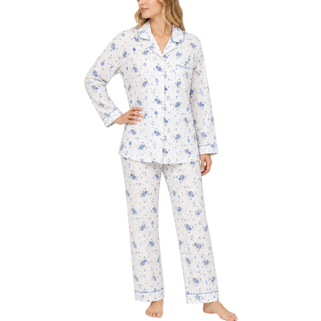 Womens 100% Cotton Pyjamas Set - Blue Floral - Long Sleeve Top & Pants Sleepwear (PJs)
