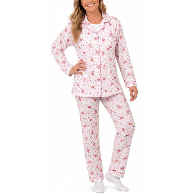 Womens 100% Cotton Pyjamas Set - Pink Floral - Long Sleeve Top & Pants Sleepwear (PJs)
