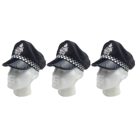 3x Black Police Officer Captain Hat Pack - Cop Costume Cap (Halloween & Fancy Dress)