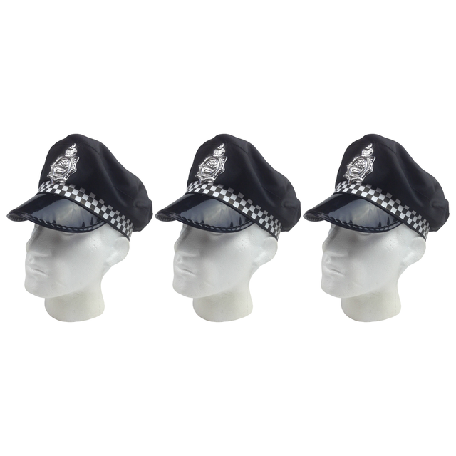3x Black Police Officer Captain Hat Pack - Cop Costume Cap (Halloween & Fancy Dress)