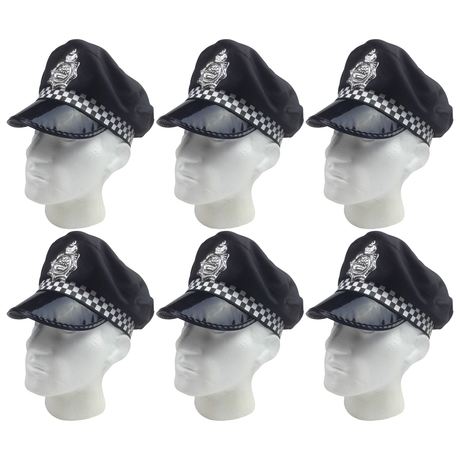 6x Black Police Officer Captain Hat Bulk Pack - Cop Costume Cap (Halloween & Fancy Dress)